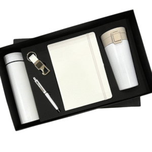 Personalized Gift Set – Temperature Bottle, Diary, Pen, Keychain (color Withe)