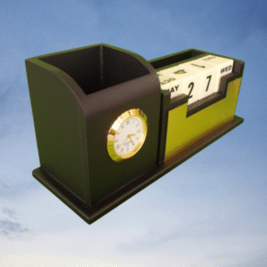 Perpetual Block Desk Calendar with Clock & Pen Holder – Smart & Reusable Desk Organizer (Customizable)