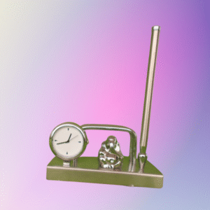 Silver Desk Organizer with Clock, Ganesh Idol & Pen Holder – Elegant & Customizable Gift