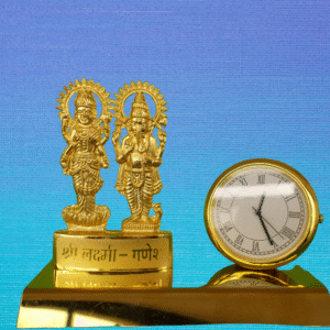 Golden Desk Organizer with Clock, Shri Lakshmi & Ganesh Idol – Elegant & Customizable Gift