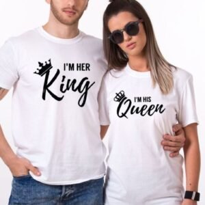 👑 Couple Matching Polyester T-Shirts – "I'm Her King / I'm His Queen"